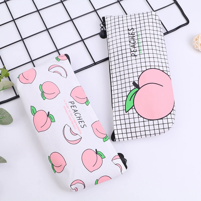 Ellen Brook 1 PCS Kawaii Peach Pen Pencil Case Bag Canvas School Stationary Receive Black Tools Makeup Pouch Cosmetics Case