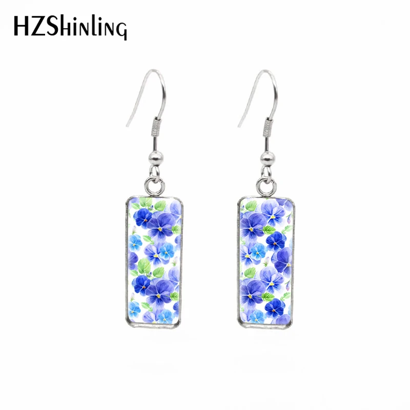 2021 New Color Pansy Rectangular Earring Flower Pattern Painting Fish Hook Earrings Glass Cabochon Handmade Jewelry