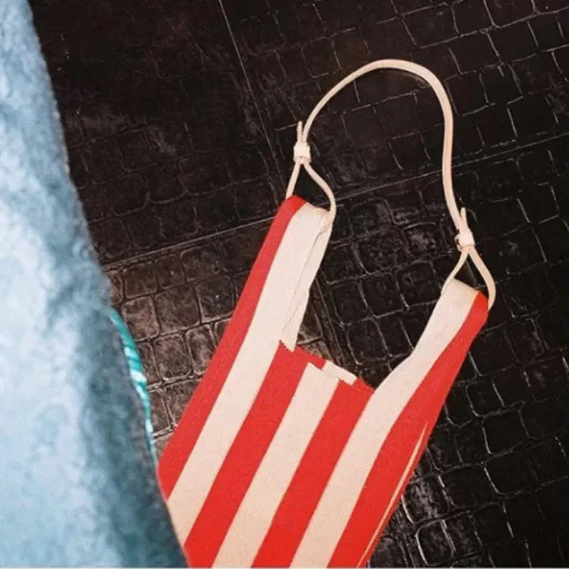 Design 2021 Fashion Handle Handbags Women Knitted Shopping Bag Foldable stripe Printing Weave Shoulder Bags Casual Wool Totes