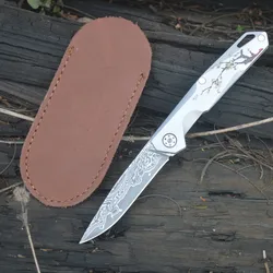 Damascus Steel Blade Mini Folding Pocket Knife With Leather Sheath Camping Portable Small Fruit Knife Gift Self Defense EDC Tool