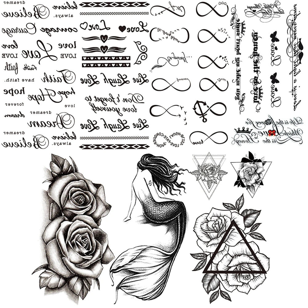 

Mermaid Letter Temporary Tattoo For Women Endless Black Rose Tattoos Sticker Word Flower Fake Tatoo Body Neck Shoulder Creative