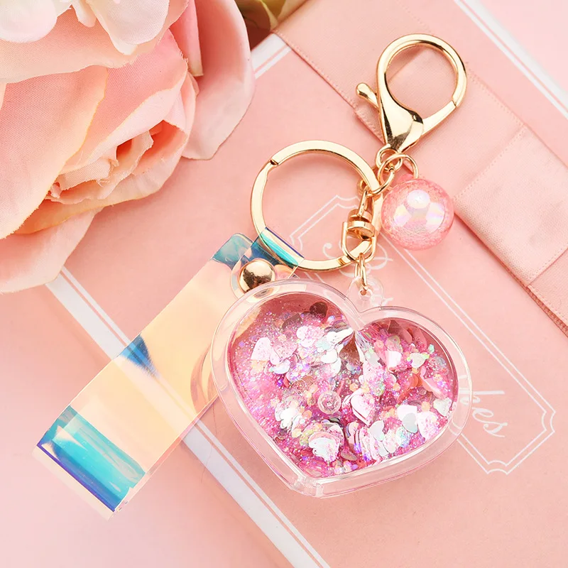 Beautiful Heart Quicksand Key Chain For Girl Bag Pendant Lovely Love Keyfob Moving Liquid Keychain Floating Llavero Keyring Gift