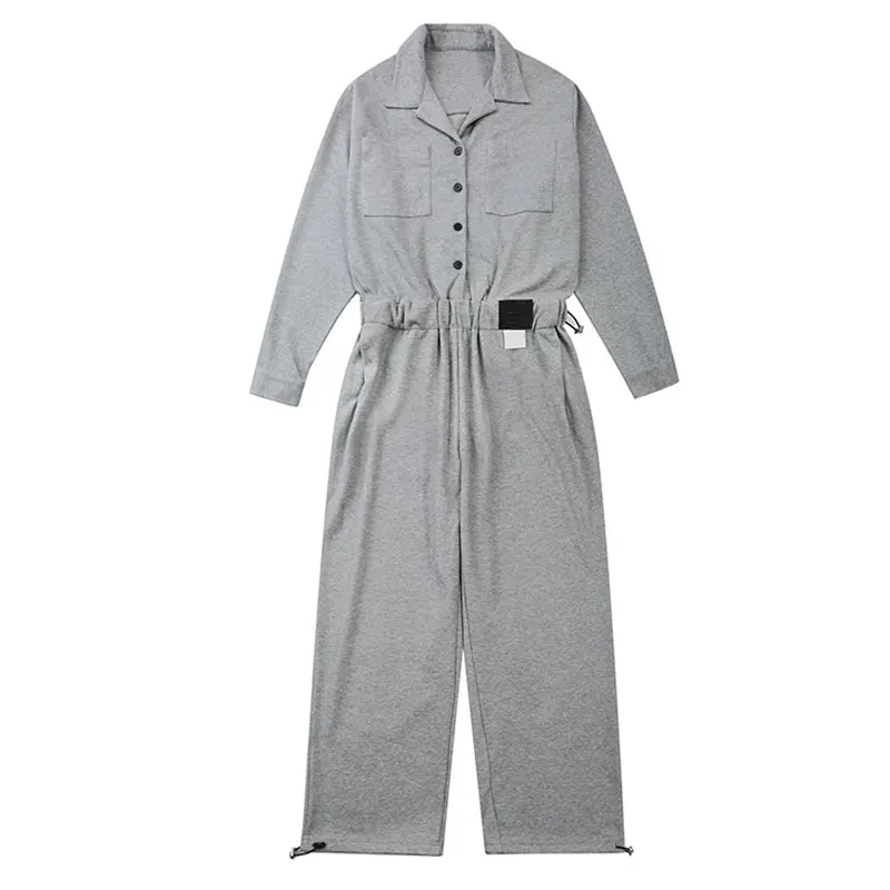 2021 Spring Overalls Men Woman Jumpsuits Long Sleeve Lapel Solid Loose Straight Tie Feet Gray Pants Fashion Lovers Trousers