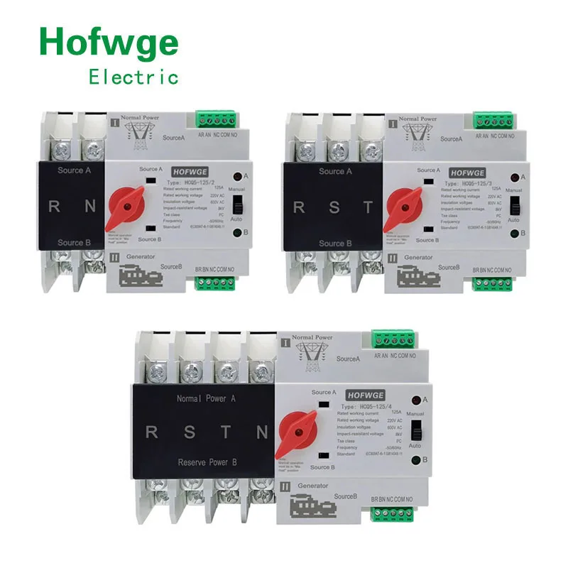 Single Phase Din Rail ATS 220V Dual Power Automatic Transfer Electrical Selector Switches Uninterrupted 2P 63A 100A 125A