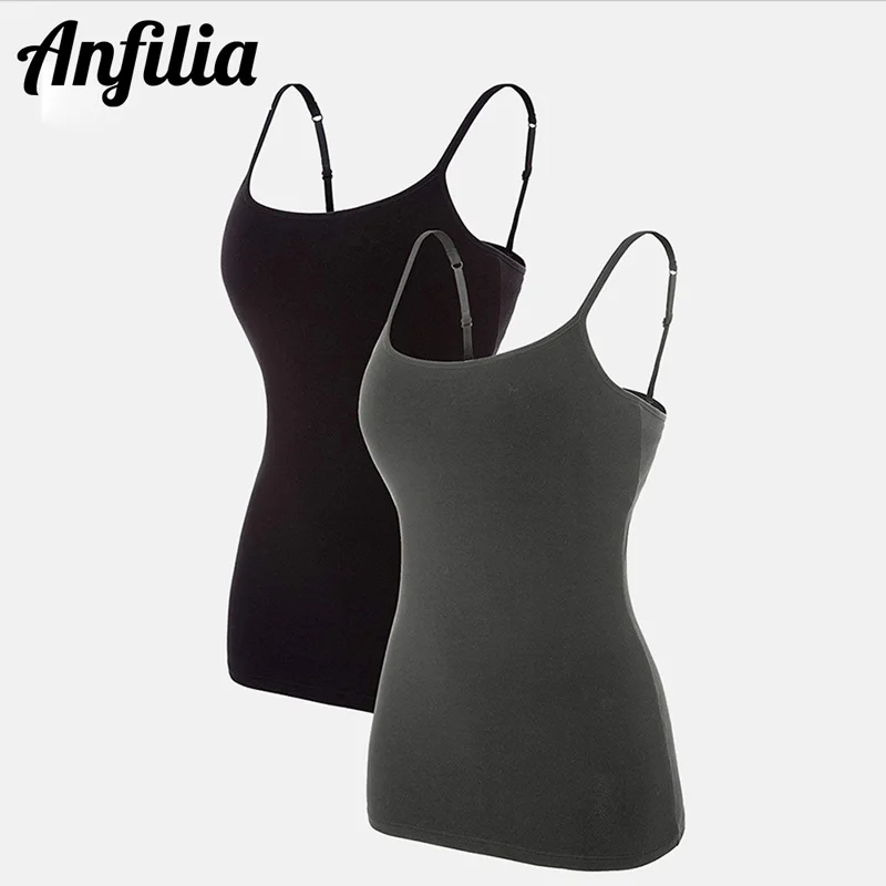 

Anfilia Women Basic Camisole Cotton Camisole Tank Tops Built In Self Bra Adjustable Strapped Sleepwear Jogging Wear Running Vest