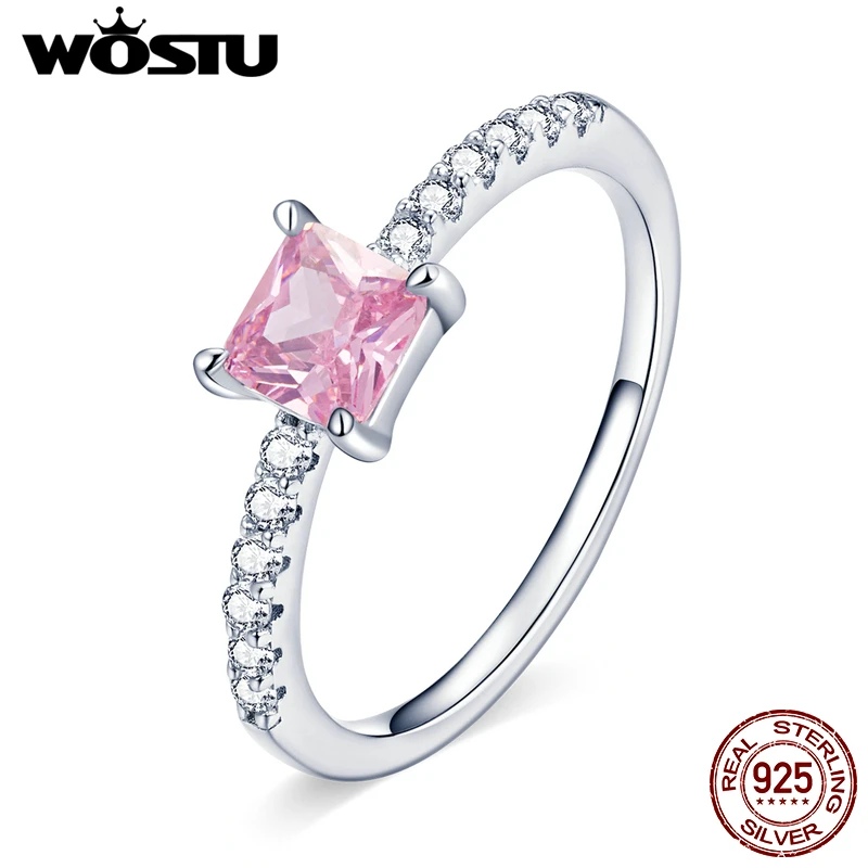 WOSTU 925 Sterling Silver Sakura-pink Halo ring Shining Square Zircon  Finger Ring For Women Elegant Silver Jewelry CTR191