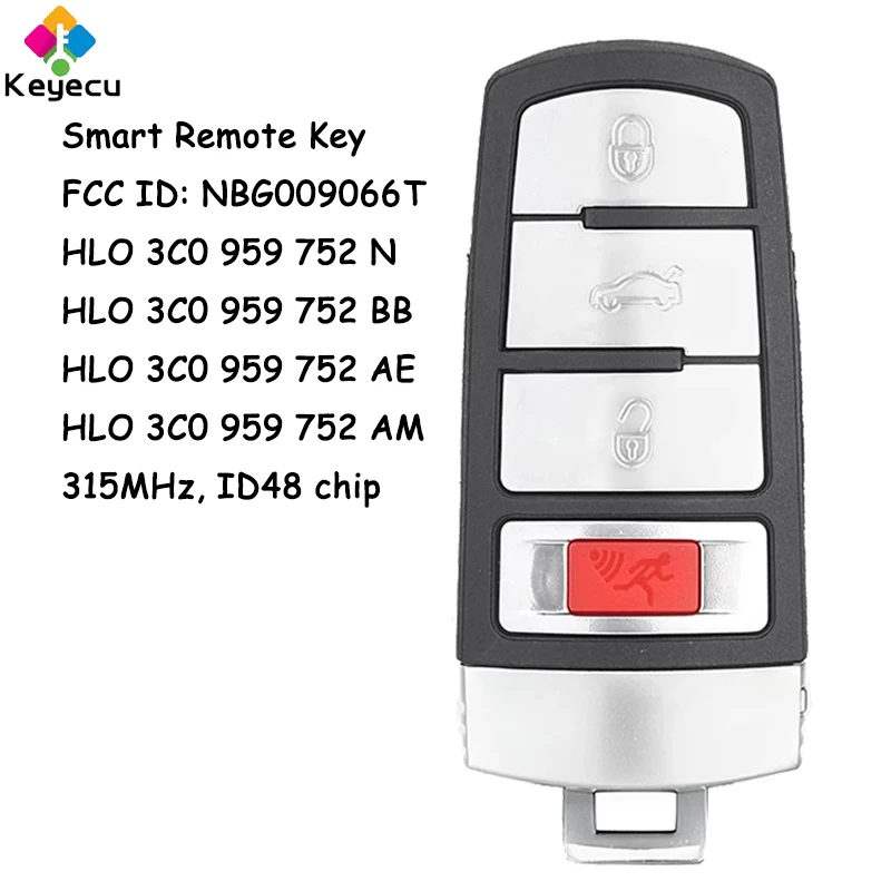 KEYECU Smart Remote Control Car Key With 3+1 4 Button 315MHz ID48 Chip for Volkswagen Passat CC 2006 - 2013 2014 Fob NBG009066T