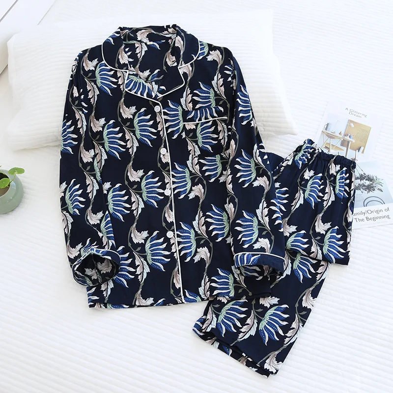 Spring and summer ladies man-made cotton pajamas suit viscose fiber plus size home service soft long-sleeved geometric pattern