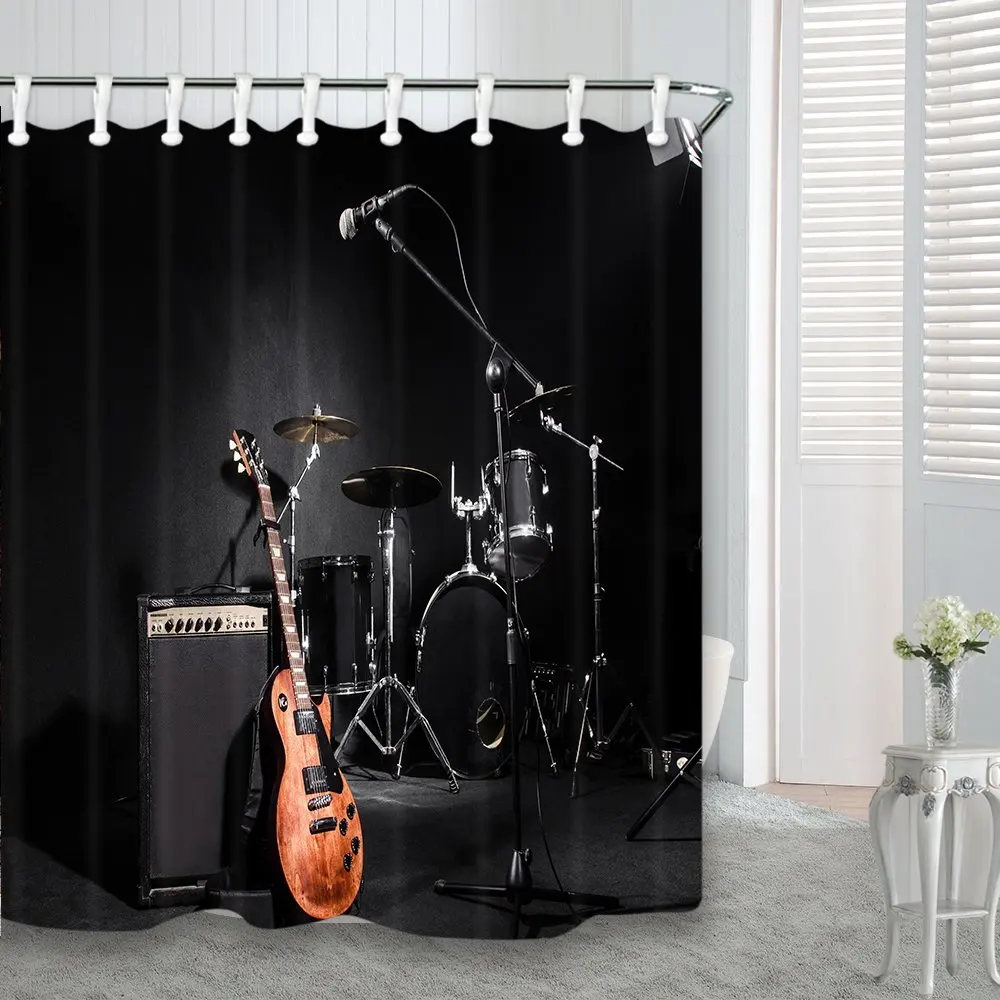 Musical Instruments Guitar with Drum in Black Waterproof Fabric Shower Curtain