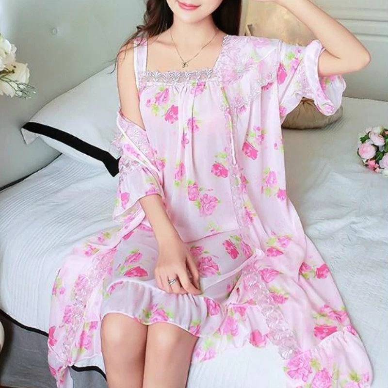 Robe Gown Sets Women Floral Lace 2pcs Stylish Sexy Oversize 3XL Loose Sleepwear Chic Sweet Thin Ice-silk Womens Bathrobes Home