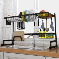 Black 65/85cm Stainless Steel Kitchen Dish Rack U Shape Sink Drain Rack Two layers Kitchen Organizer Shelf Storage Holder