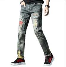 

Vintage Fashion Slim Fit Embroidery Patch Designer Ripped Men Hip Hop Pants High Quality Streetwear Biker Jeans