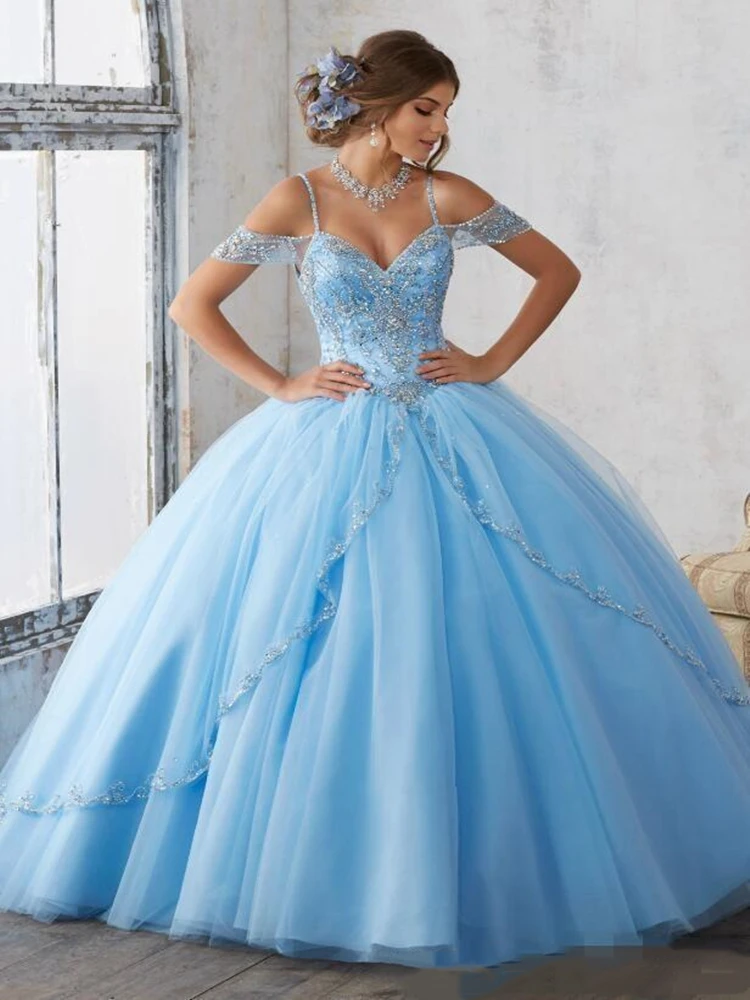 Luz céu azul vestido de baile quinceanera vestidos boné mangas espaguete miçangas cristal princesa baile de formatura vestido de festa para doce 16 meninas