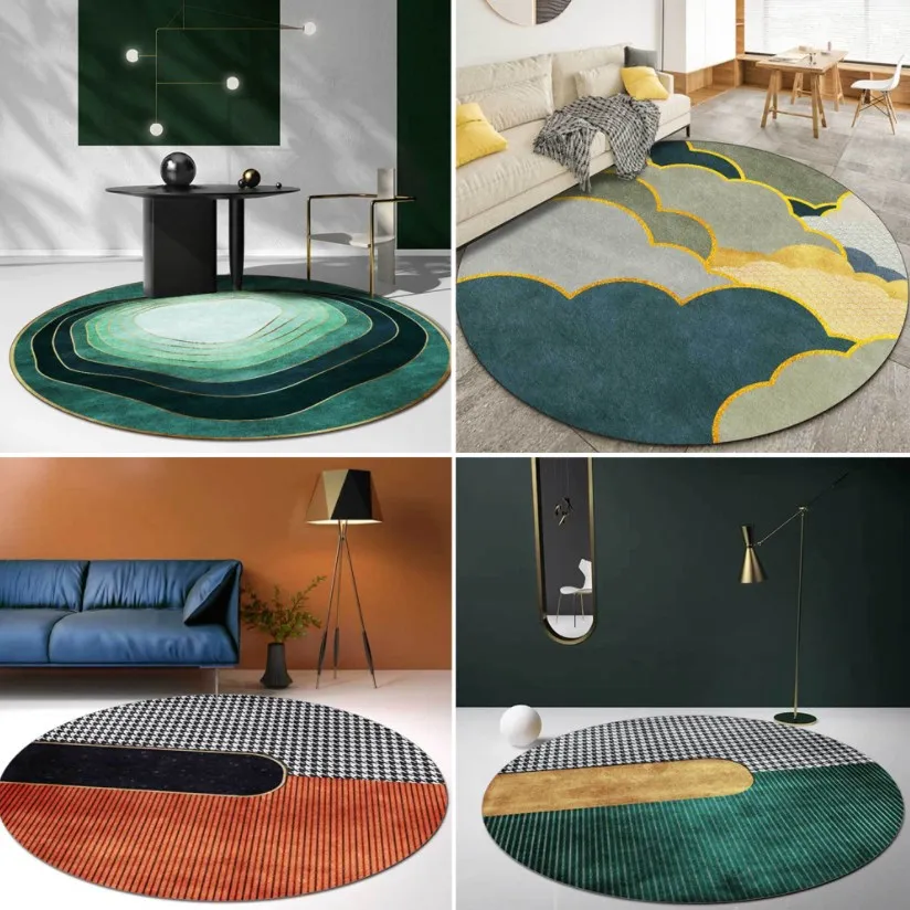 New Dark Green Bohemian Round Carpet for Living Room Geometric Abstract Art Bedroom Area Rugs Anti Slip Floor Mat for Kids Room