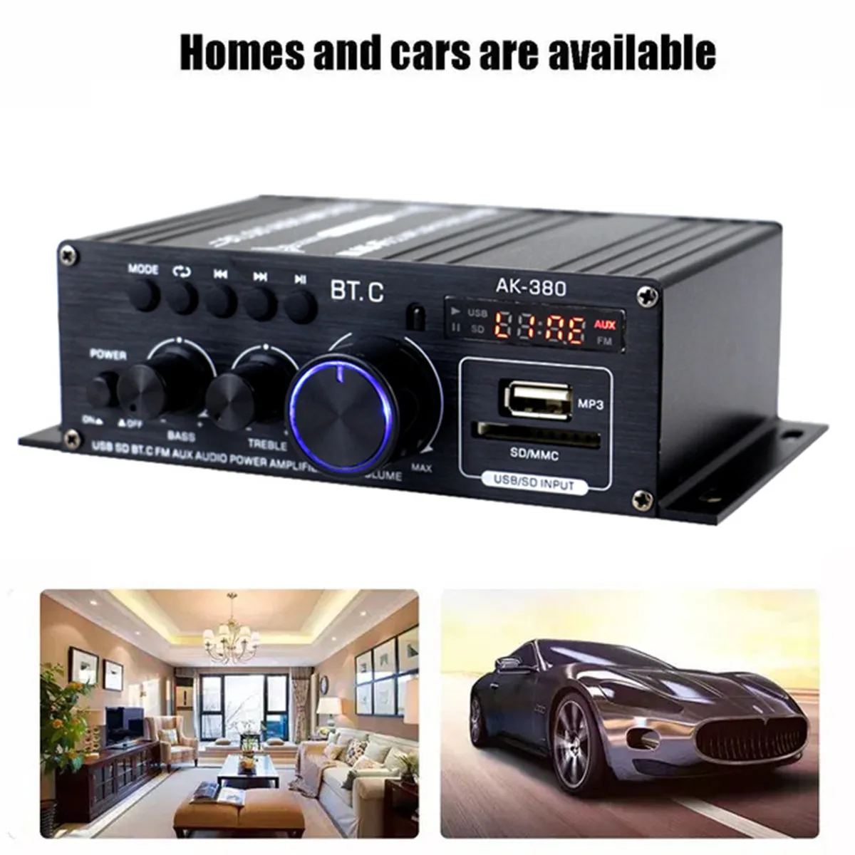 40W*2 Ak380 bluetooth 5.0 HiFi Power Amplifiers Stereo Home Car Audio 12V Digital Sound Amplifier BASS Music Player FM Radio