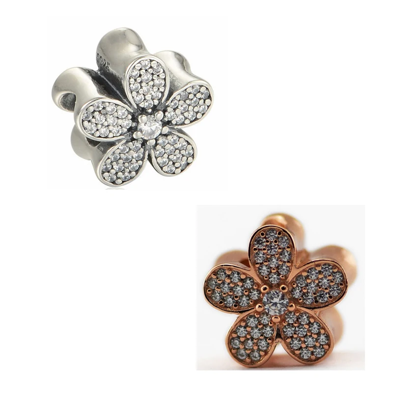 

2 Colors Rose Golden & Silver Daisy Flower Beads for Jewelry Making Clear CZ Silver 925 Jewelry Charm Beads for Women Bracelets