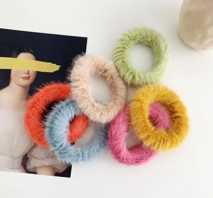 Hot Faux Fur Pom Poms Hair Scrunchies Elastic Hair Bands Solid Artificial Rabbit Hair Ties Girls Hair Accessories