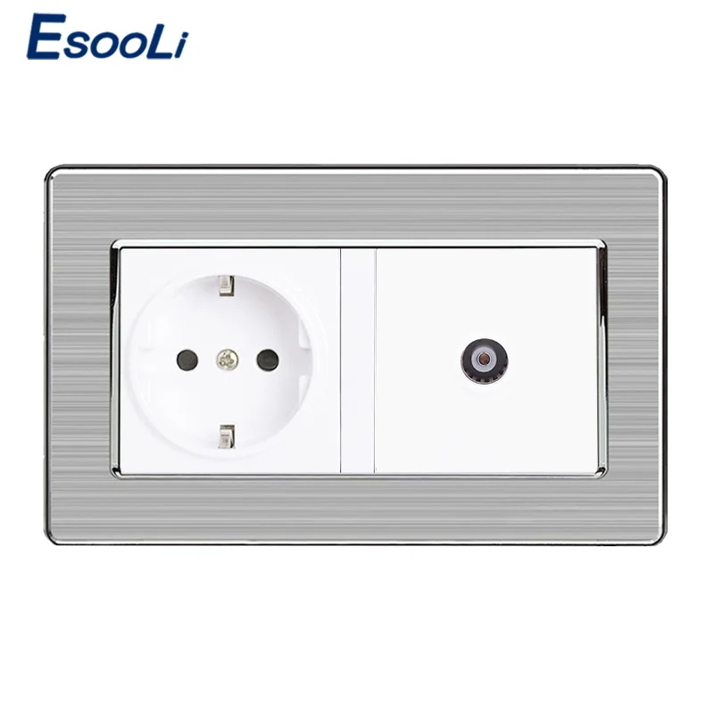 Esooli 16A Russia Spain EU Standard Power Socket Grounded With Female TV Jack Stainless Steel Brushed Panel Wall Outlet