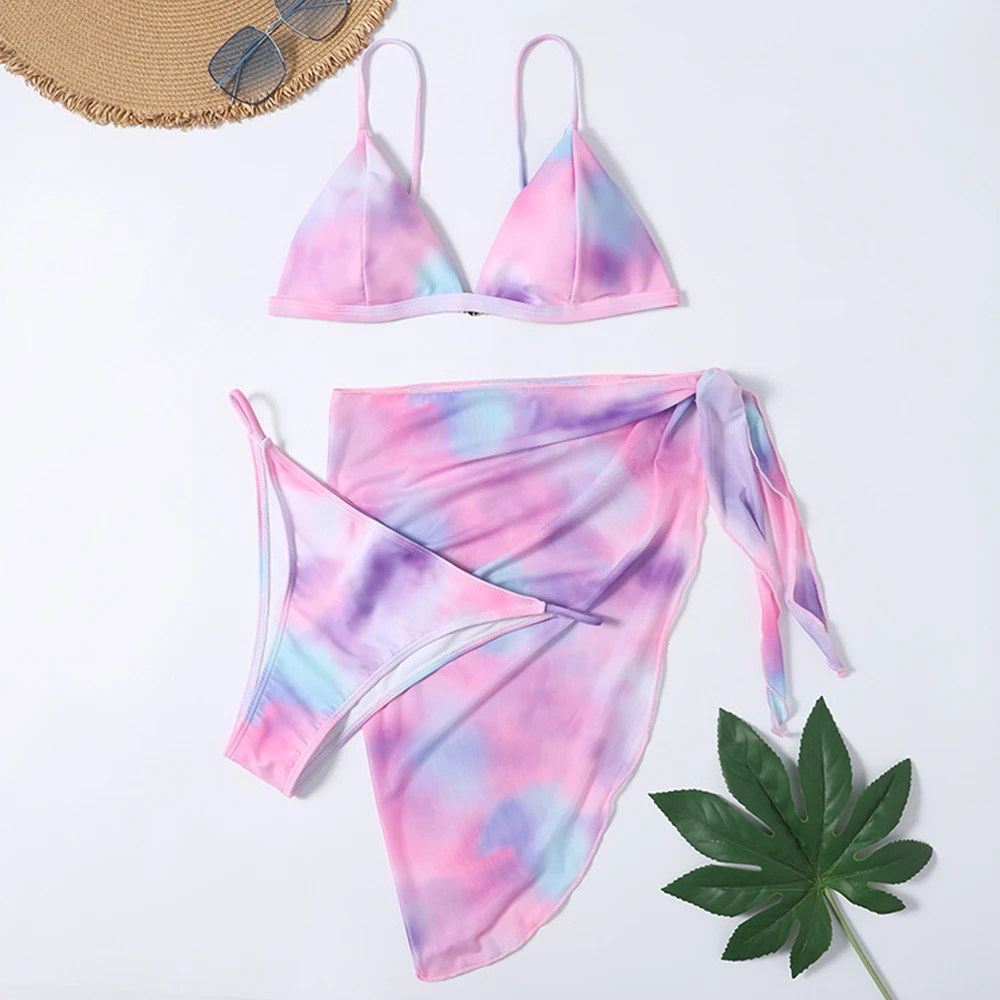 2024 nowy seksowny trzyczęściowy zestaw Bikini Tie-Dye stroje kąpielowe damskie kostium kąpielowy damski Bikini z pareo kostium kąpielowy plażowymi