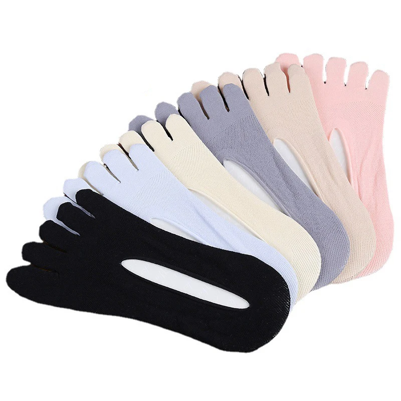 5 Pairs Five Finger Boat Socks Women Spring Summer Thin Plain Weave Shallow Mouth Velvet Ice Silk Sweat Absorbent Toe Socks