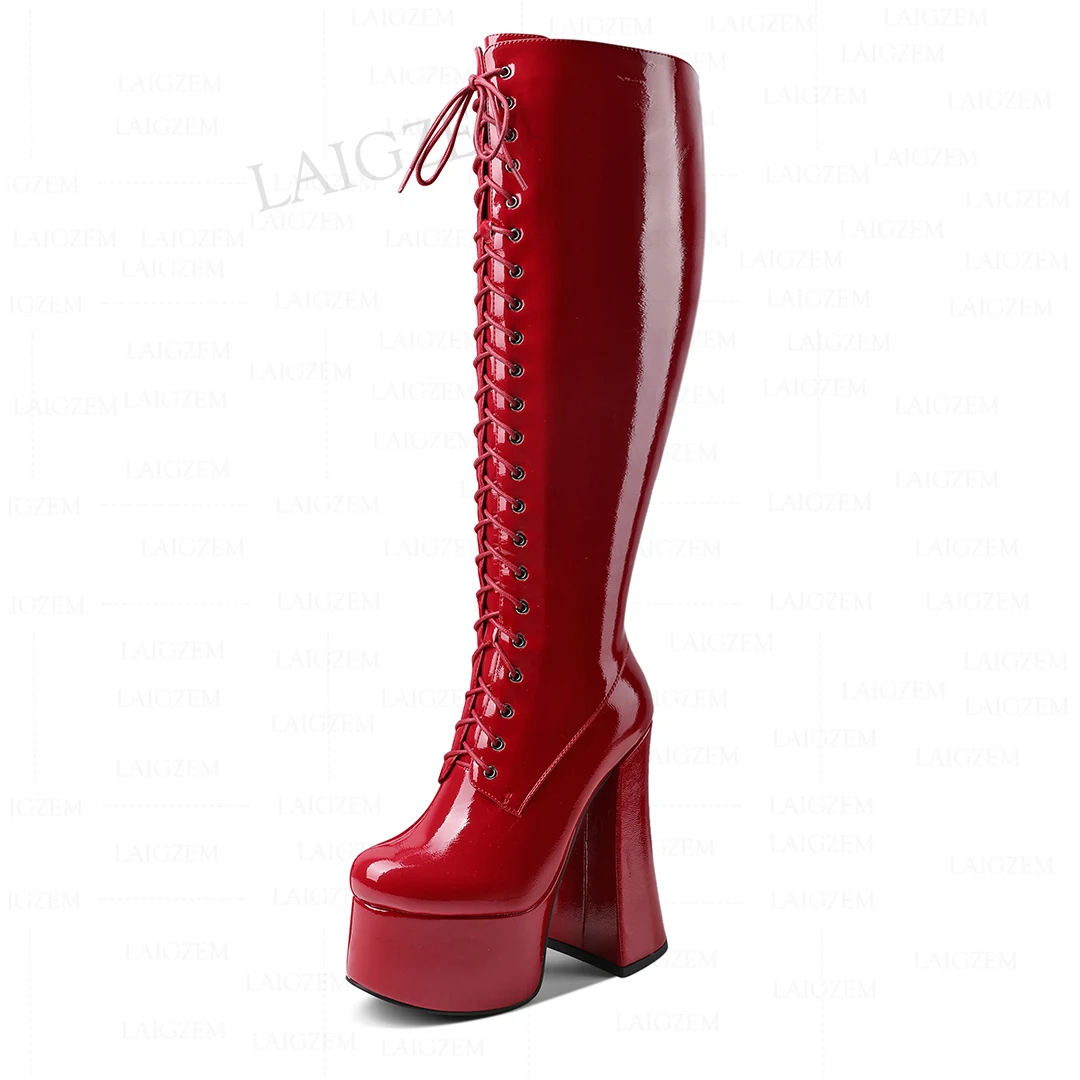 LAIGZEM Women Knee High Boots Side Zip Up Wide Calf Friendly Tall Boots 14.5CM Block Heels Platform Shoes Woman Size 39 42 43