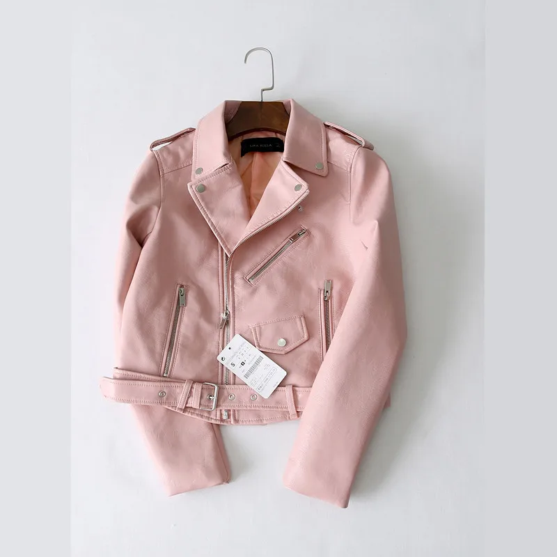 Veste courte en similicuir PU pour femme avec ceinture, veste de motard à manches longues, streetwear slim à revers, rose et jaune, 7 documents, printemps et automne