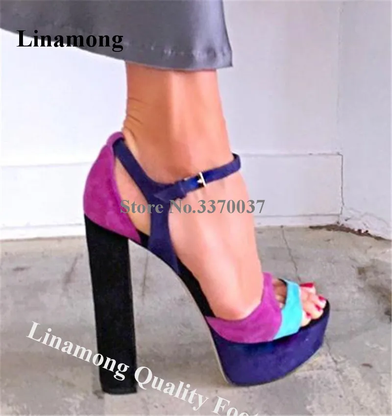 Linamong Elegant Peep Toe Patchwrok Stiletto Heel High Platform Sandals Mixed-colors Chunky Heel Sandals Formal Dress Heels