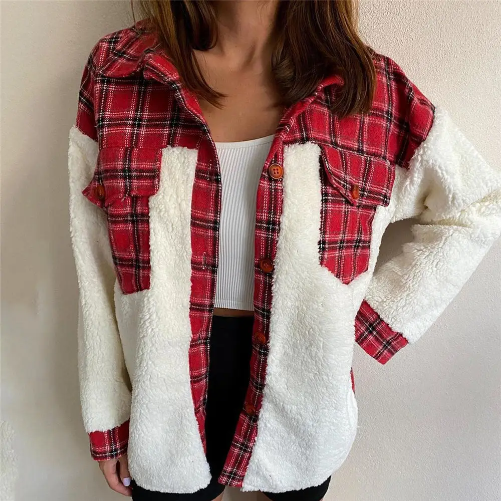 

2023 Women Plaid Teddy Sweater Fluffy Fleece Patch Cardigan Vintage Plaid Shirt Winter Christmas Party Sherpa Sweaters