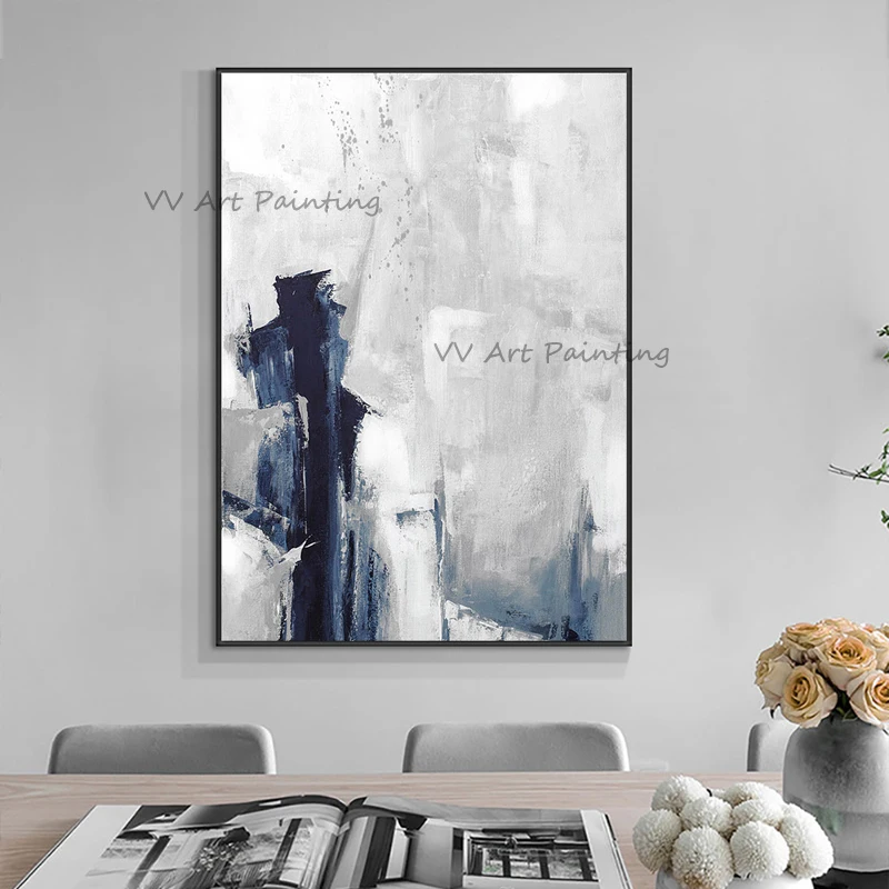 

Large Size Hand Painted Modern Abstract Blue Gray Brush Art Oil Painting On Canva Wall Picture For Living Room Home Decoration