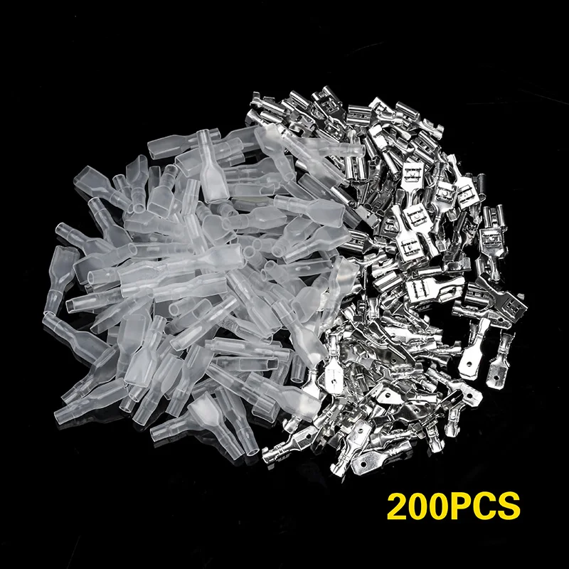200Pcs 2.8/4.8/6.3mm Wire Connectors Terminals Kit Crimp Female/Male Spade Terminals  With Transparent Insulating Sleeves