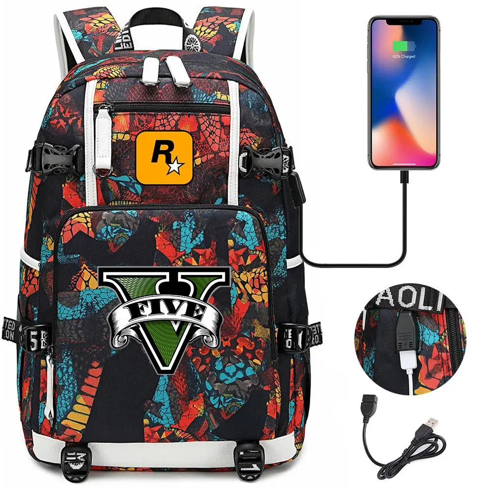 GTA5-Mochila para ordenador portátil Grand Theft Auto para hombre y mujer, de viaje con carga USB morral, multifuncional, impermeable, mochilas