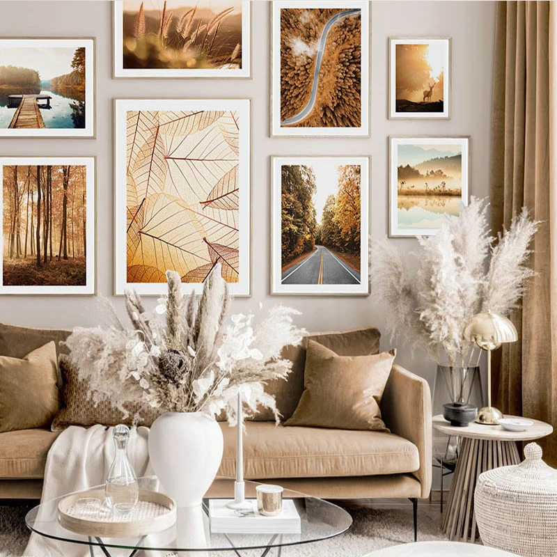 

Sunrise Art Painting, Sunlight Yellow, Forest Leaf, Autumn Landscape, Aesthetic Poster, Nordic Canvas Print, Wall Picture, Room