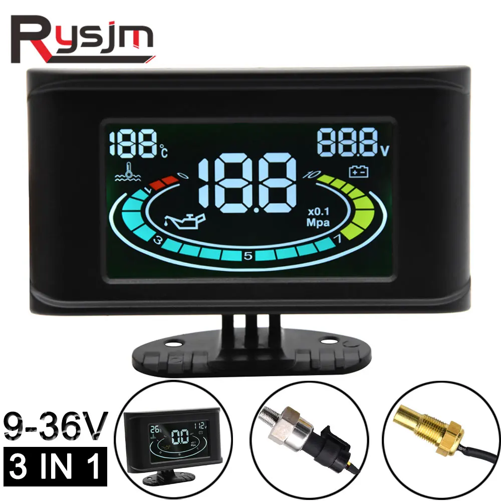 LCD 3 in 1 Gauge Oil Pressure Gauge + Voltmeter Voltage Gauge + Water Temperature Gauge Sensor 10mm npt 1/8 oil press meter 12v