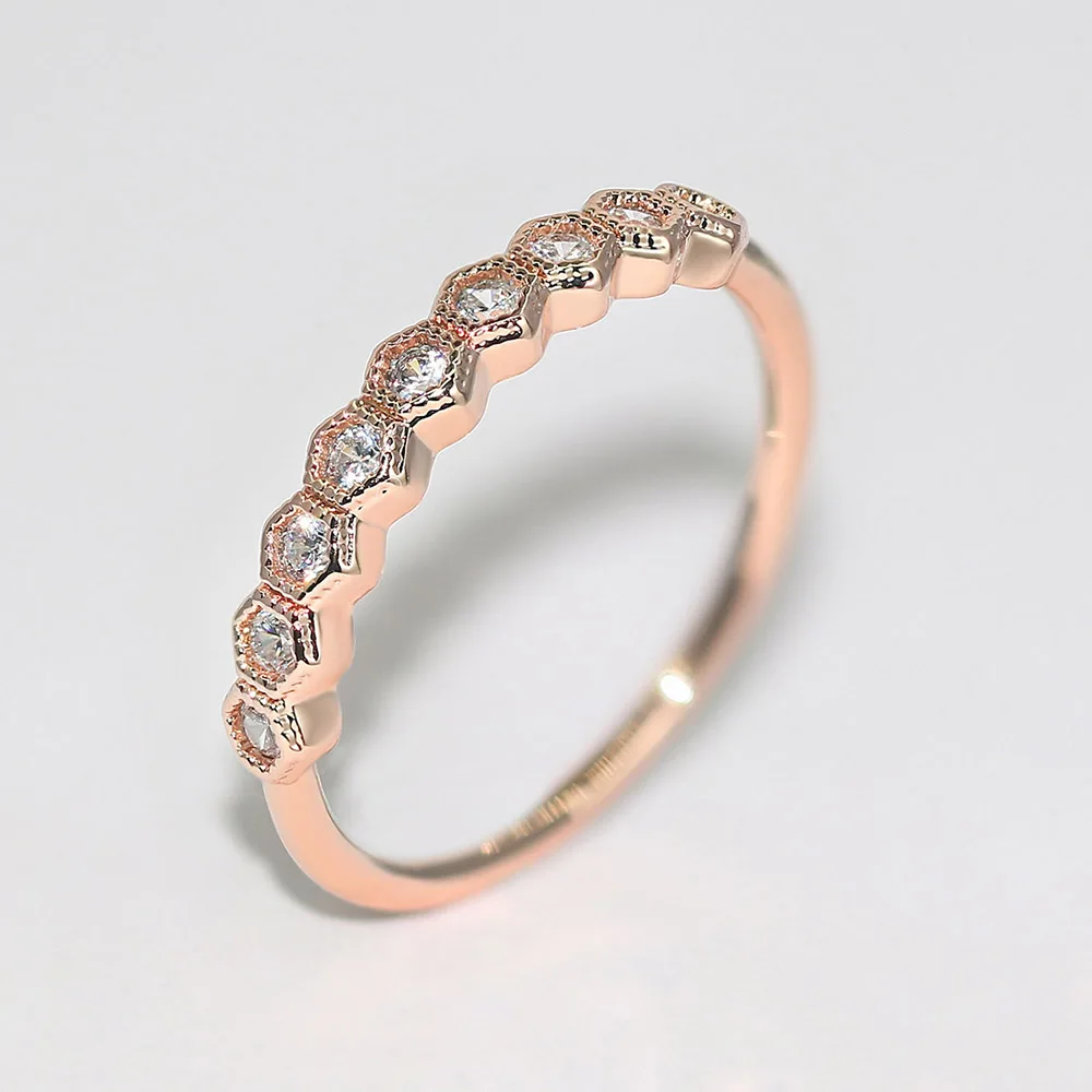 ZHOUYANG Dainty Ring For Women Girls Simple Geometric Hexagone Zircon Rose Gold Color Daily Gift Fashion Jewelry R919