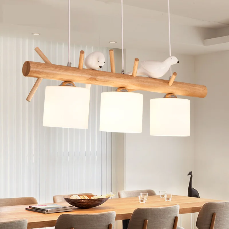 

Nordic wood chandelier lighting Personality Restaurant Long White Glass LED bird lamp 2/3 Heads Living Room Kitchen chandeliers