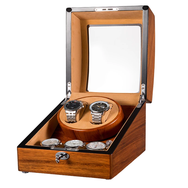 JQUEEN Automatic Double Watch Winder with 3 storages Fraxinus mandshurica Brown Velvet Interior