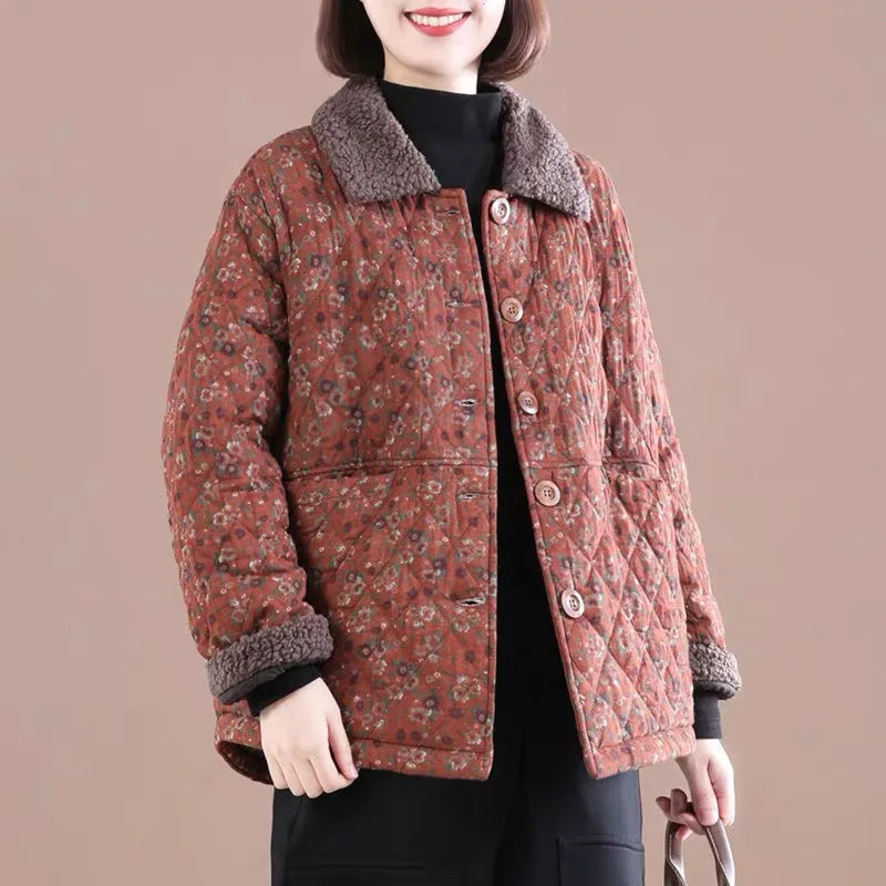 

Winter Women’s Cotton Jacket Daily Fashion Vintage Patchwork Button Thick Warm Loose Thin Casual Female Floral Print Short Coat