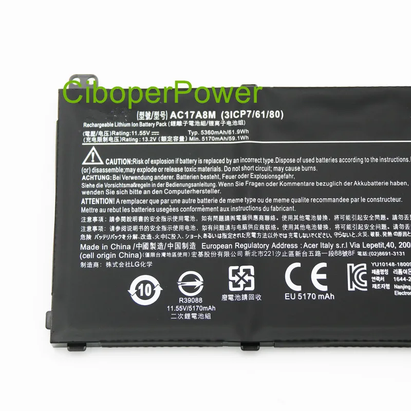 Original Quality Laptop Battery AC17A8M 11.55V 5360mAh 61.9Wh 3ICP7/61/80 For 3ICP7/ SP314 SF314