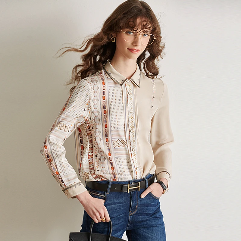 100% Silk Blouse Women Shirt Casual Style Printed Long Sleeves Elegant Style Simple Design Office Top New Fashion