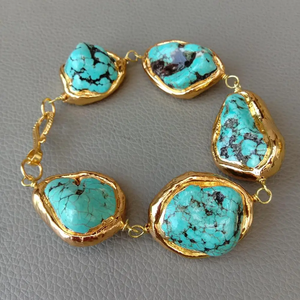 YYGEM 9\'\' Freeform Nugget Blue Turquoise Yellow Gold color Edge Wrap Bracelet Vintage style For women