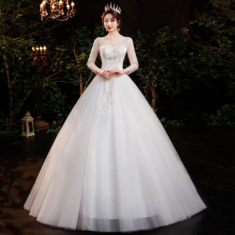 HMHS-327#Wedding Dresses Ball Gown Embroidery Lace Up Ball Gown O-neck Long Sleeve Wholesale Bride Getting Married Dress Girls