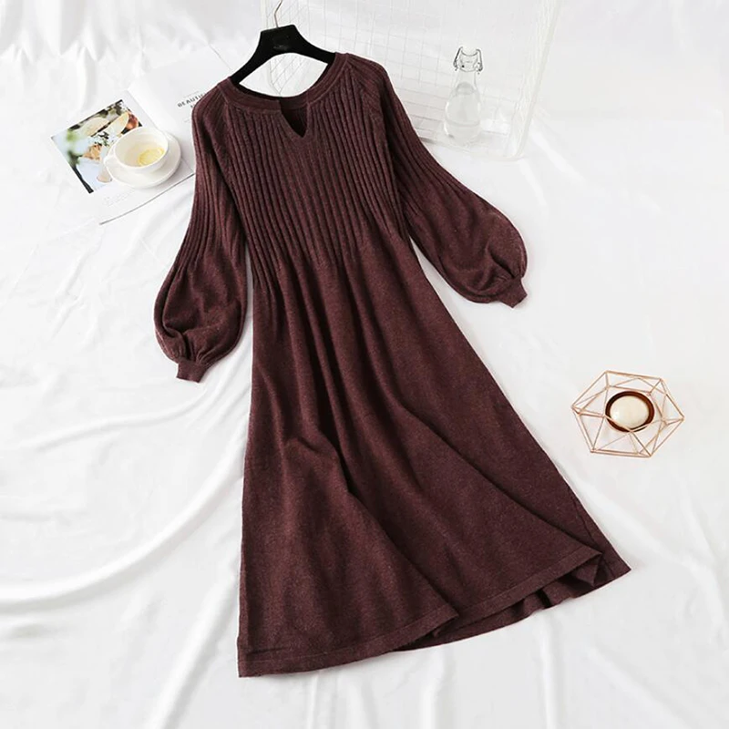 Pregnant Large Size Women\'s V Neck Autumn Winter Sweater Dress Female Knitted Lantern Sleeve Dress Fashion Loose Long Dress