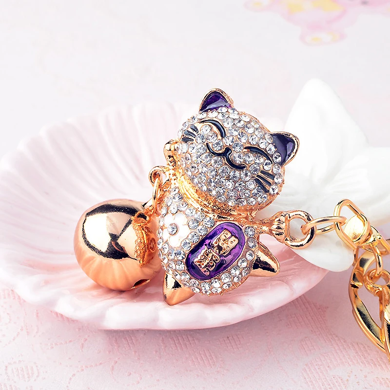 Cute Crystal Keychain Women's Alloy Big Bell Rhinestone Japanese Lucky Cat Car Key Chain Girl Bag Pendant Jewelry Keyring Animal