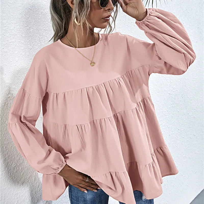 2020 New Women Loose Long Sleeve Solid Round-Neck Lantern Sleeve Women Tee Shirt Spring and autumn Harajuku T Shirt Hedging Top