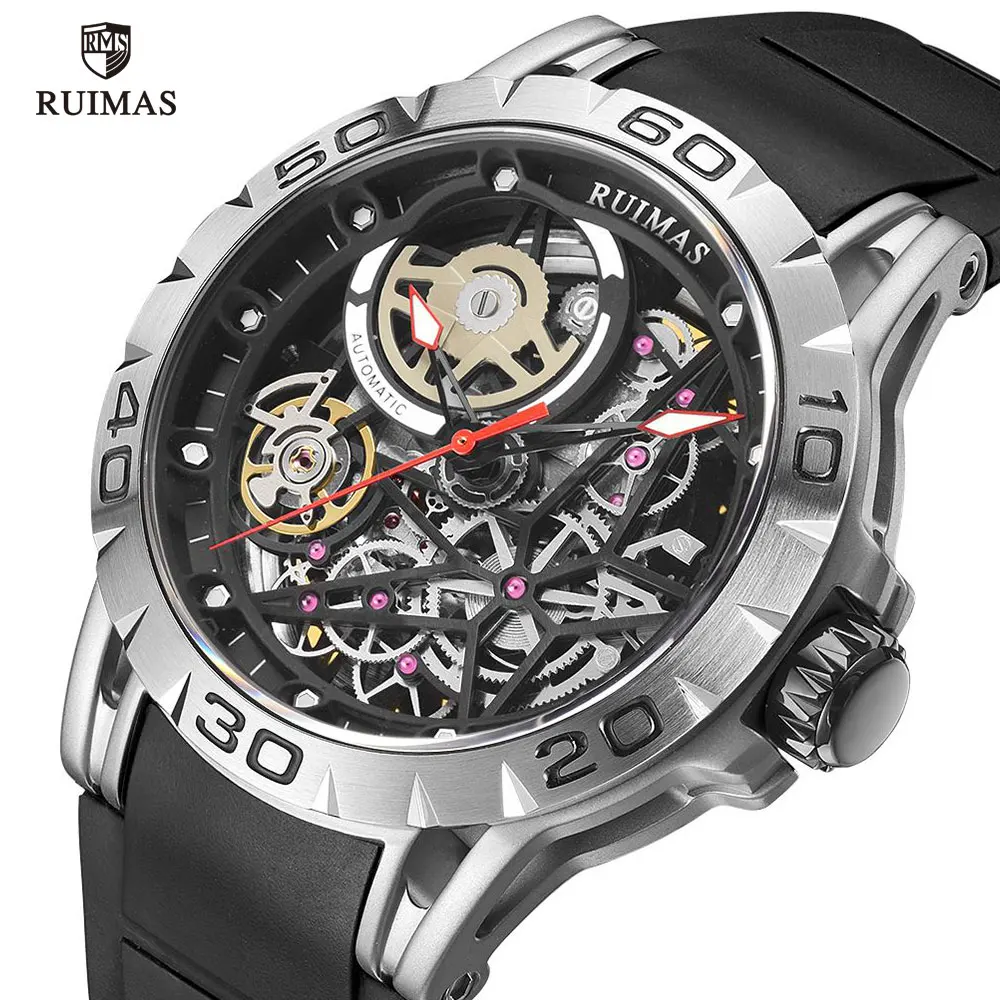 

RUIMAS Military Sport Watches Men Luxury Automatic Mechanical Watch Man Top Brand Silicone Skeleton Wristwatch Relogio Masculino