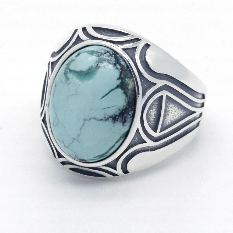 Natural Turquoise Stone Men's Ring 925 Sterling Silver Original Band Window of God Design Ring for Men Turkish Party Jewelry