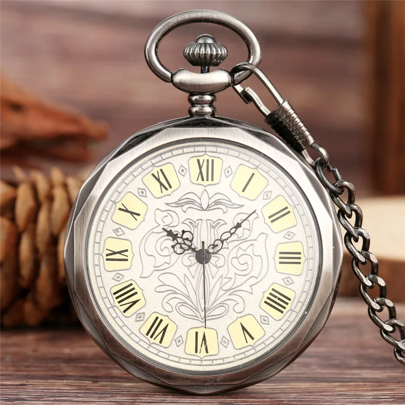 Retro Hand wicklung mechanische Taschenuhr antikes offenes Gesicht römische Ziffern transparentes Skelett Vintage Anhänger Kette Männer Geschenk