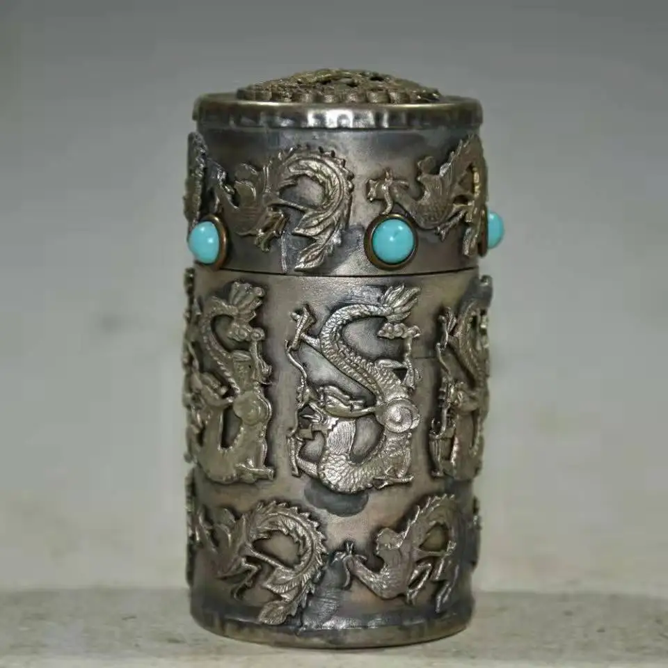 Pure copper inlaid with gemstones round toothpick box ornaments fine work phase as shown
