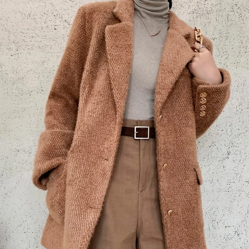 

Womens New Loose Casual Vintage Woolen cloth Suit Jackets Office Lady Thicken Single Breasted Pockets Notched Fashion Coat