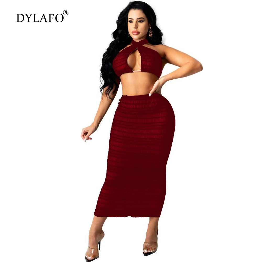 Women Sexy See Through Pleated Two Piece Set Dress Cross Halter Lace Up Backless Vest Crop Top Bodycon Midi Skirt Suit